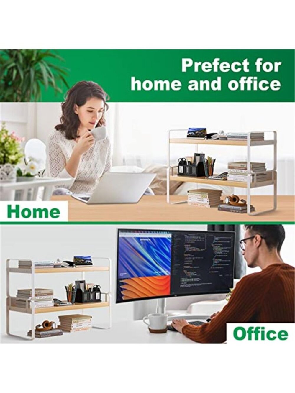 Wood Desktop Shelf Organizer 2 Tier Desk Storage Monitor Riser Office Book Rack - Picture 6 of 6